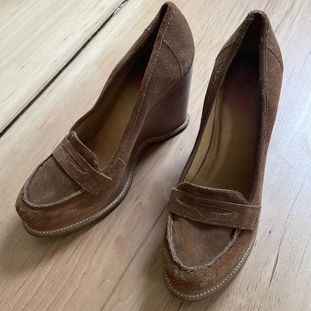 Kors by Michael Kors tan suede platform wedge loafer